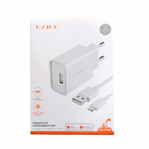 CARREGADOR DE TOMADA 2A + CABO LIGHTNING IPHONE EZRA EZ-P04