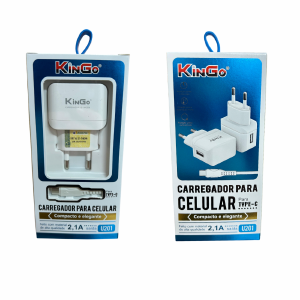 CARREGADOR DE TOMADA + CABO TIPO-C 2,1A KINGO U201 BRANCO