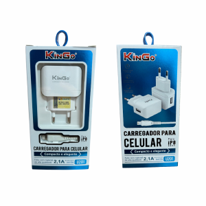 CARREGADOR DE TOMADA + CABO LIGHTNING IPHONE 2,1A KINGO U201