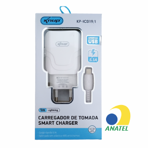CARREGADOR DE TOMADA SMART CHARGER 2 USB 5.1A + CABO LIGHTNING 1M - KNUP KP-IC019/I BRANCO