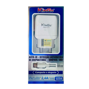 CARREGADOR DE TOMADA + CABO MICRO USB V8 2.4A KINGO U204 BRANCO