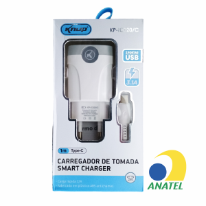 CARREGADOR DE TOMADA SMART CHARGER 2 USB 3.1A + CABO TIPO C 1M - KNUP KP-IC020/C BRANCO