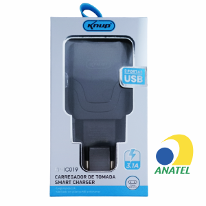 CARREGADOR DE TOMADA SMART CHARGER 2 USB 3.1A KNUP KP-IC019 PRETO