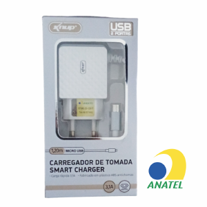 CARREGADOR DE TOMADA SMART CHARGER 2 USB C/ CABO MICRO USB 3,1A KP-IC012