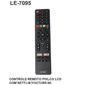 CONTROLE REMOTO COMPATIVEL P/ TV PHILCO 4K C/ NETFLIX / YOUTUBE LELONG LE-7095 (67)