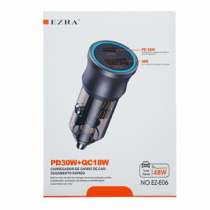 CARREGADOR VEICULAR PD30W+QC18W 1 USB-A + 1 USB-C 5V/3A 9V/2A 12V/1,5A EZRA EZ-E06 PRETO