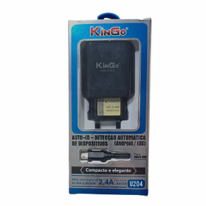CARREGADOR DE TOMADA + CABO MICRO USB V8 2.4A KINGO U204 PRETO